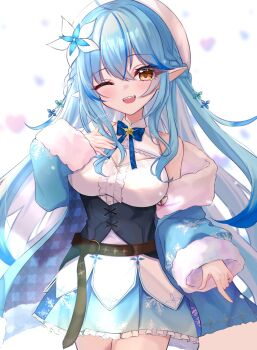 1girl ahoge bare_shoulders blue_coat blue_hair blush boots braid breasts cleavage cleavage_cutout clothing_cutout coat colored_tips commentary_request corset elf flower frilled_skirt frills fur_trim hair_between_eyes hair_flower hair_ornament hana_s hat heart heart_ahoge highres hololive large_breasts long_hair long_sleeves looking_at_viewer multicolored_hair off_shoulder one_eye_closed open_mouth pointy_ears ribbon side_braid simple_background skirt smile snowflake_print solo thighhighs upper_body very_long_hair virtual_youtuber white_background white_flower white_hat yellow_eyes yukihana_lamy yukihana_lamy_(1st_costume) zettai_ryouiki