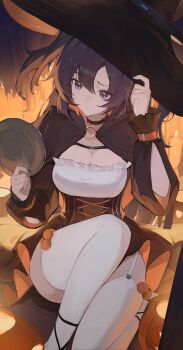 1girl absurdres alternate_costume black_hat blue_archive blue_eyes blue_hair breasts cleavage fingernails hat highres jiang_zhuti_jiojio long_hair medium_breasts nail_polish sitting solo thighs witch_hat yuuka_(blue_archive)
