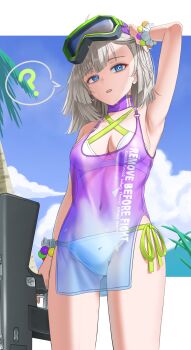 1girl ? aa-12 aa-12_(girls&#039;_frontline) aa-12_(the_sun_never_rises)_(girls&#039;_frontline) absurdres akachi armpits bikini bikini_under_clothes blonde_hair blue_eyes blue_sky breasts bright_pupils clothes_writing cloud commentary_request girls&#039;_frontline goggles goggles_on_head gun hand_on_own_head highres holding holding_gun holding_weapon looking_at_viewer medium_hair official_alternate_costume open_mouth palm_tree scrunchie see-through_clothes see-through_shirt shirt shotgun side-tie_bikini_bottom sky solo speech_bubble spoken_question_mark swimsuit tree weapon white_bikini white_pupils white_scrunchie wrist_scrunchie