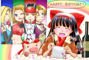 5girls ainu_clothes black_hair blonde_hair blue_eyes blue_hair blue_mary blush bottle breasts charlotte_christine_de_colde cup drinking_glass english_text fatal_fury fingerless_gloves flower gloves hair_ribbon hairband half-closed_eyes handkerchief happy happy_birthday highres jacket japanese_clothes king_(snk) large_breasts leather leather_jacket long_hair looking_at_viewer midriff miko multiple_girls nakoruru navel one_eye_closed open_clothes open_jacket open_mouth outstretched_arm pig rainbow rashoujin_mizuki red_lips ribbon rose ryuuko_no_ken samurai_spirits short_hair sideboob smile snk the_king_of_fighters toned tongue wine_bottle wine_glass wink yellow_eyes