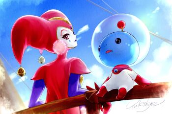 1boy 1girl against_railing alien anniversary blue_lips blue_skin blue_sky chrono_cross cloud colored_skin commentary_request eyelashes gloves harle_(chrono_cross) hat helmet highres jester jester_cap naginata_yukishige outdoors railing red_eyes red_gloves signature sitting sky space_helmet standing starky_(chrono_cross) teardrop_facial_mark white_skin