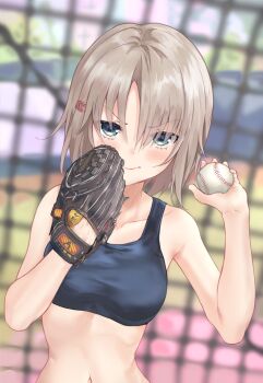 >:) 1girl ball bare_arms bare_shoulders baseball baseball_(object) baseball_glove blurry blurry_background blush breasts brown_hair closed_mouth collarbone commentary_request day dutch_angle ellell915 eyes_visible_through_hair green_eyes hair_between_eyes hair_ornament hairclip hands_up highres holding holding_ball looking_at_viewer medium_breasts medium_hair navel original outdoors playing_sports smile solo sports_bra stomach straight_hair upper_body v-shaped_eyebrows