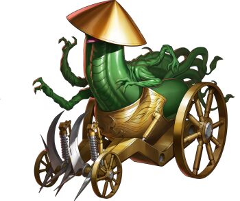 Rule 34 | artist request, chariot, colored skin, demon (megami tensei), extra arms, green skin, hat, mara (megami tensei), no humans, official art, persona, persona 5, persona 5: the phantom x, rice hat, shin megami tensei, skull and crossbones, solo, spring (object), tentacles, third-party source, tongue, tongue out, transparent background