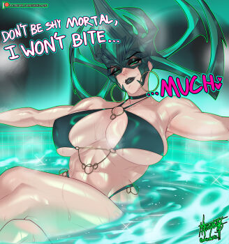 1girl absurdres alternate_costume artist_name bikini breasts commentary earrings english_commentary english_text green_bikini green_eyes hela_(marvel) highres hoop_earrings jewelry large_breasts marvel marvel_rivals patreon_logo patreon_username shinda292 signature simple_background sitting swimsuit water watermark web_address