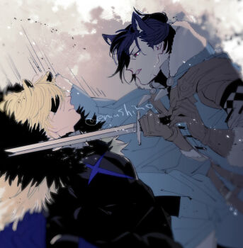 2boys animal_ears aqua_capelet aqua_tunic armor black_armor black_fur blonde_hair blue_cape blue_hair breastplate cape capelet cat_boy cat_ears clenched_teeth closed_mouth commentary_request dimitri_alexandre_blaiddyd dimitri_alexandre_blaiddyd_(blue_lion) dimitri_alexandre_blaiddyd_(timeskip) dutch_angle emushino eyelashes eyepatch felix_hugo_fraldarius felix_hugo_fraldarius_(timeskip) fire_emblem fire_emblem:_three_houses fire_emblem_shadows fur-trimmed_gloves fur-trimmed_hood fur_trim gloves hair_bun holding holding_sword holding_weapon hood hood_down hooded_capelet kemonomimi_mode leather_armor lion_ears long_sleeves lying male_focus multiple_boys nintendo on_back one_eye_covered profile red_eyes single_hair_bun sword teeth tunic twitter_username weapon white_fur