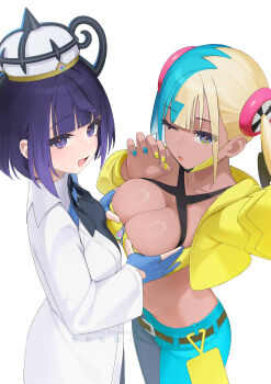 2girls :d absurdres alternate_breast_size_(larger) bandeau belt blue_gloves blunt_bangs breasts canari_(pokemon) closed_mouth coat commentary_request cropped_jacket eyelashes gloves grabbing_another&#039;s_breast groping gwynn_(pokemon) hand_up hat highres jacket long_sleeves multicolored_hair multiple_girls nail_polish nintendo one_eye_closed open_clothes open_jacket open_mouth pants partially_fingerless_gloves pikattzo pokemon pokemon_legends:_z-a smile white_coat yellow_bandeau yellow_jacket yuri zipper_pull_tab