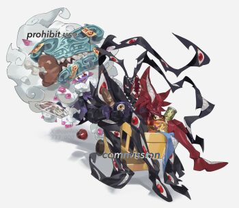 abbadomon abbadomon_core black_skin colored_skin commentary commission confeito000_333 digimon digimon_(creature) extra_eyes extra_mouth full_body long_hair multicolored_skin purple_skin red_eyes red_skin sharp_teeth simple_background sitting symbol-only_commentary taotiemon teeth two-tone_skin white_background white_hair