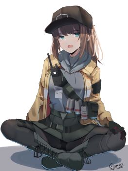 1girl absurdres baseball_cap belt_pouch black_hat black_panties boots brown_hair brown_pantyhose dier_(girls'_frontline) dima_(girls'_frontline) flashback full_body gar32 girls'_frontline green_boots green_eyes green_skirt grey_hoodie hat highres hood hoodie indian_style jacket looking_at_viewer miniskirt open_clothes open_jacket open_mouth panties pantyhose ponytail pouch shoulder_belt signature simple_background sitting skirt solo thigh_strap tom_clancy's_the_division underwear walkie-talkie white_background yellow_jacket