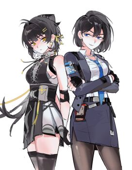 2girls 67992229 absurdres ananta armpits bare_shoulders belt black_belt black_dress black_hair black_pantyhose black_thighhighs blue_eyes blue_necktie collared_jacket collared_shirt couple crossed_arms crossover dress earrings expressionless eyeliner female_protagonist_(ananta) female_rover_(wuthering_waves) hair_between_eyes hair_ornament hairclip happy head_tilt highres jacket jewelry leaning_to_the_side light_smile long_sleeves looking_at_another looking_to_the_side makeup multiple_girls necklace necktie open_clothes open_jacket pantyhose red_eyeliner rover_(wuthering_waves) shirt short_hair simple_background skirt sleeveless thighhighs white_background white_shirt wuthering_waves yellow_eyes