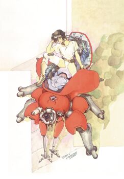 1980s_(style) 1girl black_hair boots cable commentary crop_top cyborg english_commentary full_body ghost_in_the_shell highres kusanagi_motoko mecha mixed-language_commentary official_art oldschool robot science_fiction shirou_masamune short_hair solo