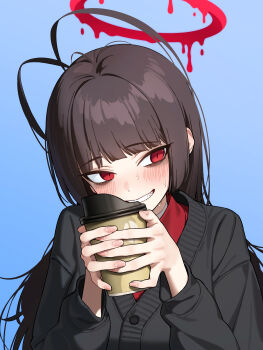 1girl absurdres alternate_costume antenna_hair b1026 black_cardigan black_hair blue_archive blush cardigan cup disposable_coffee_cup disposable_cup grin halo highres holding holding_cup long_hair looking_to_the_side red_eyes red_halo red_shirt shirt sidelocks smile solo sweatdrop tsurugi_(blue_archive)