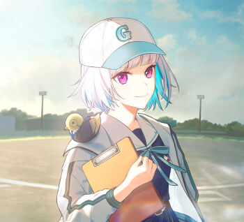 1girl animal animal_on_shoulder aqua_ribbon baseball_cap baseball_field bird bird_on_shoulder blue_hair blue_necktie blue_shirt blunt_bangs clipboard closed_mouth clothed_animal cloud colored_inner_hair commentary_request day grey_jacket hand_up hat highres holding holding_clipboard jacket lips lize_helesta lize_helesta_(4th_costume) looking_at_viewer medium_hair monocle monocle_chain multicolored_hair neck_ribbon necktie nijisanji nijisanji_koshien open_clothes open_jacket outdoors purple_eyes ribbon sailor_collar sebastian_piyodore shirt smile three-quarter_sleeves two-tone_hair upper_body virtual_youtuber white_hair white_hat white_jacket white_sailor_collar yellow_bird zmzm_hiji