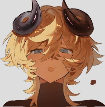 1boy 2uuxies :3 black_horns blonde_hair blue_eyes blush commentary corrupted_twitter_file highres horns male_focus medium_hair original portrait simple_background solo tongue tongue_out white_background