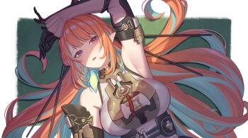 1girl arknights arknights:_endfield arm_up armpits black_gloves blush braid colored_inner_hair commentary corset cosplay detached_sleeves dragon_girl dragon_horns earrings eastern_dragon_horns english_commentary feather_earrings feathers gloves green_feathers green_hair half_up_braid halter_shirt halterneck highres hololive hololive_english horns jewelry long_hair looking_at_viewer lying multicolored_hair on_back open_mouth orange_hair pointy_ears purple_eyes resu_desu shirt sleeveless sleeveless_shirt solo takanashi_kiara underbust virtual_youtuber white_shirt white_sleeves zhuang_fangyi_(arknights) zhuang_fangyi_(arknights)_(cosplay)