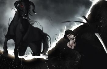 1boy absurdres black_eyes black_hair black_sclera black_tunic colored_extremities colored_sclera creature fangs gloxartx heterochromia highres holding holding_sword holding_weapon horns horse looking_at_animal male_focus red_eyes shadow_slave short_hair sky smoke snake_tattoo star_(sky) starry_sky sunny_(shadow_slave) sword tattoo tunic weapon yellow_eyes