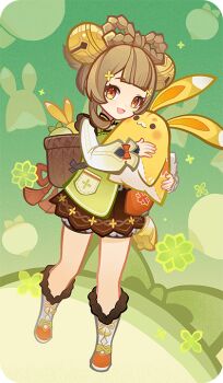 1girl backpack_basket bad_source bell bloomers blunt_bangs boots bow-shaped_hair braid braided_hair_rings brown_eyes brown_hair full_body fur-trimmed_boots fur_trim genshin_impact hair_bell hair_ornament hair_rings holding jingle_bell long_sleeves looking_at_viewer official_art open_mouth smile solo standing stuffed_animal stuffed_rabbit stuffed_toy underwear yaoyao_(genshin_impact)