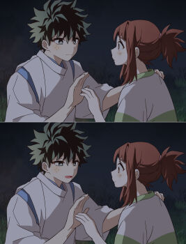 1boy 1girl 2koma blue_kimono blush boku_no_hero_academia brown_eyes brown_hair cel_shading closed_mouth coi_mha comic commentary cosplay curly_hair eye_contact eyebrows_hidden_by_hair freckles from_side grass green_eyes green_hair hair_between_eyes hair_tie haku_(sen_to_chihiro_no_kamikakushi) haku_(sen_to_chihiro_no_kamikakushi)_(cosplay) hand_on_another&#039;s_shoulder hand_up hands_up happy highres japanese_clothes kariginu kimono looking_at_another midoriya_izuku ogino_chihiro ogino_chihiro_(cosplay) open_hand open_mouth outdoors pale_skin parted_lips profile scratches sen_to_chihiro_no_kamikakushi shirt short_hair sidelocks three-quarter_sleeves smile split_mouth split_screen t-shirt upper_body uraraka_ochako