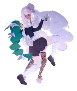 2girls apron ascot black_romper braid braided_ponytail closed_eyes dancing dark-skinned_female dark_skin dress fascinator fishnet_pantyhose fishnets flying_sweatdrops frilled_ascot frills full_body gloves green_hair highres holding_hands jacinthe_(pokemon) juliet_sleeves knee_up lebanne_(pokemon) light_smile long_braid long_hair long_sleeves looking_at_another low_drills maid maid_apron maid_headdress master_and_servant multiple_girls nervous nintendo open_mouth pantyhose pokemon pokemon_legends:_z-a puffy_sleeves purple_dress purple_hair romper u_u utsuru4 very_dark_skin white_gloves yuri