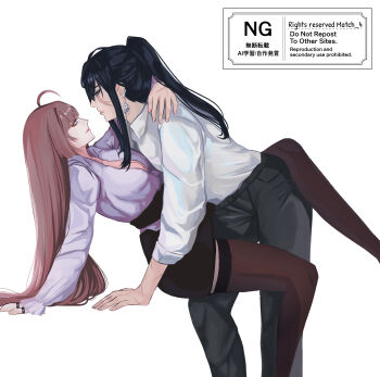 2girls ahoge between_legs black_hair black_pants black_skirt black_thighhighs breasts brown_hair cherie_luna chief_(path_to_nowhere) cleavage closed_mouth collared_shirt commentary earrings female_chief_(path_to_nowhere) highres jewelry long_hair looking_at_another multiple_girls multiple_rings office_lady open_clothes open_shirt original pants parted_lips path_to_nowhere ponytail purple_shirt rahu_(path_to_nowhere) ring scar scar_across_eye scar_on_face scar_on_hand shirt simple_background skirt smile symbol-only_commentary thighhighs white_background white_shirt yuri