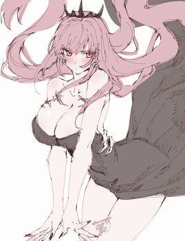 1girl absurdres alternate_costume bare_shoulders black_nails black_nightgown black_tiara blush breasts cleavage collarbone earrings highres hololive hololive_english jewelry kamiya_maneki lace-trimmed_nightgown large_breasts long_hair looking_at_viewer mori_calliope mori_calliope_(sleepwear) nightgown official_alternate_costume pink_eyes pink_hair red_eyes signature simple_background skull_choker skull_earrings sleepwear solo tiara unfinished virtual_youtuber white_background