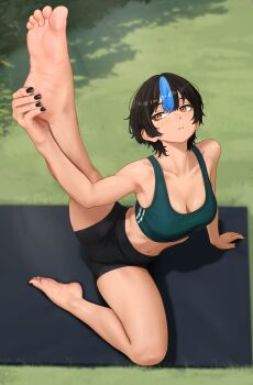 1girl absurdres bare_arms bare_legs bare_shoulders barefoot bike_shorts black_hair black_nails blue_streaks breasts brown_eyes collarbone commentary english_commentary feet foreshortening full_body green_sports_bra hair_between_eyes hands_on_feet highres leg_up legs linea_alba looking_at_foot medium_breasts midriff multicolored_hair nail_polish navel navel_piercing nihu original outdoors parted_lips piercing shiragi_(nihu) short_hair shorts single_hair_streak sitting soles solo sports_bra streaked_hair stretching thighs toenail_polish toenails toes toned toned_female yoga_mat