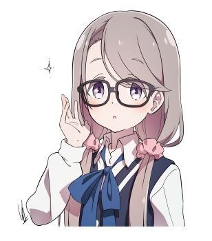 1girl :o blue_neckerchief blue_vest blush brown_eyes brown_hair collared_shirt commentary_request glasses hair_ornament hair_over_shoulder hair_scrunchie highres long_hair long_sleeves looking_at_viewer mono_(afro) neckerchief open_mouth scrunchie shikishima_sakurako shirt sidelocks signature simple_background upper_body variant_set vest white_background white_shirt yas_(yosiyasuyasu)