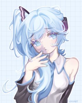 Rule 34 | 1girl, black sleeves, blue background, blue eyes, blue hair, blue nails, blue necktie, blue trim, collared shirt, detached sleeves, double-parted bangs, downturned eyes, grey shirt, grid background, hair tie, hatsune miku, headphones, highres, image sample, light blush, long hair, long sleeves, meme, necktie, pale skin, pastel colors, ponytail, raised inner eyebrows, reddit sample, shirt, side ponytail, sidetail miku noodle stopper (meme), upper body, vixiiart, vocaloid, watermark