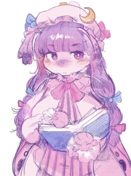 1girl book bow commentary dress frilled_hat frills furrification furry furry_female hair_bow hat highres holding holding_book long_hair looking_at_viewer mob_cap nessiemooo patchouli_knowledge pink_dress pink_eyes pink_hat purple_hair simple_background solo touhou white_background