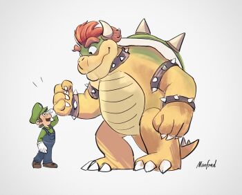 Rule 34 | 2boys, armlet, artist name, bowser, bracelet, claws, closed mouth, collar, commentary, furry, furry male, green hat, green shirt, hat, highres, jewelry, looking at another, luigi, male focus, manfred chan, mario (series), multiple boys, nintendo, shirt, smile, spiked armlet, spiked bracelet, spiked collar, spiked shell, spiked tail, spikes, suspenders, tail, untranslatable commentary, white background