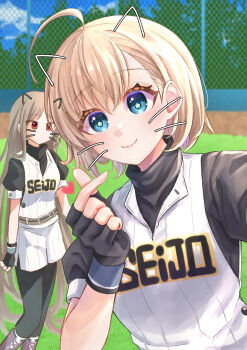 Rule 34 | 2girls, absurdres, ahoge, aqua eyes, baseball uniform, black gloves, blonde hair, brown hair, chain-link fence, cinderella series, closed mouth, commentary request, drawn ears, drawn whiskers, fence, fingerless gloves, gloves, hachigatsu no cinderella nine, heart, highres, jinguji sayaka, long hair, multiple girls, nishinomiya arisu, outdoors, red eyes, seijou baseball uniform, shirt under shirt, short hair, short sleeves, sportswear, star (symbol), star in eye, symbol in eye, yozakurayuyu