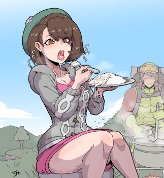 1boy 1girl beanie breasts brown_eyes brown_hair cardigan cleavage collarbone cooking cum cum_on_food curry curry_rice dress eating food gloria_(pokemon) gloves grass grey_cardigan hat highres hiker_(pokemon) long_sleeves matching_hair/eyes nintendo open_mouth outdoors pink_dress plate pokemon pokemon_swsh pot rice short_hair sitting tongue tongue_out verymediocre