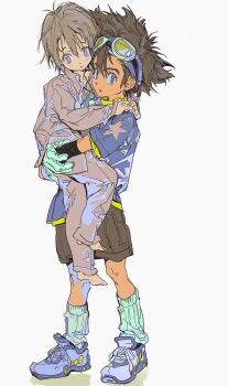 Rule 34 | 1boy, 1girl, brother and sister, brown hair, carrying, carrying person, digimon, digimon adventure, expressionless, full body, gek3y, gloves, goggles, goggles on head, highres, looking at viewer, pajamas, shoes, short hair, shorts, siblings, simple background, sneakers, white background, yagami hikari, yagami taichi