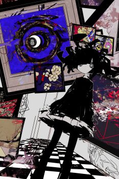 1girl absurdres black_dress black_pantyhose blunt_bangs border closed_mouth dress expressionless frilled_dress frills highres hypnosis indoors long_sleeves medium_hair mind_control miyakoukisima original ornate_border pantyhose picture_frame solo