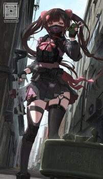 1girl alley artist_name black_gloves black_mask black_skirt black_thighhighs blunt_bangs brown_hair chest_rig clacker claymore_(mine) detonator explosive feet_out_of_frame fingerless_gloves from_below gloves gun hair_ornament hand_up heart highres jirai_kei kriss_vector looking_at_viewer mask mine_(weapon) mouth_mask original outdoors pink_shirt red_nails school_uniform shirt skirt solo submachine_gun suppressor tactical_clothes tactical_school_uniform target thighhighs thighs tom-neko_(zamudo_akiyuki) twintails v weapon