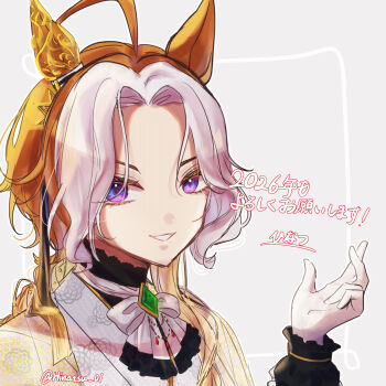 absurdres ahoge animal_ears ascot black_shirt blue_eyes bow commentary_request ear_covers gem gloves green_gem highres horse_ears horse_girl jacket long_hair long_sleeves looking_at_viewer multicolored_hair open_mouth orange_hair orfevre_(umamusume) ri_ri_0818 shirt single_ear_cover smile two-tone_hair umamusume white_ascot white_bow white_gloves white_hair white_jacket