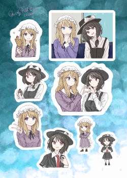 2girls :d :p :t =_= absurdres aqua_background asymmetrical_hair back_bow black_capelet black_hair black_hat black_ribbon black_shoes black_skirt black_vest blonde_hair blue_eyes blush bow brown_shoes capelet closed_eyes closed_mouth collared_dress collared_shirt commentary_request cream crepe cropped_torso crossed_arms day dress english_text fedora food four-pointed_star frilled_dress frills fruit full_body ghostly_field_club hair_bow hand_on_own_chin hat hat_bow hat_ribbon head_tilt heart heart_hands heart_hands_duo highres holding holding_crepe holding_food holding_stopwatch indoors kashiwada_kiiho long_hair long_sleeves looking_at_another looking_at_viewer looking_to_the_side maribel_hearn medium_hair mob_cap multiple_girls multiple_views neck_ribbon necktie open_mouth own_hands_clasped own_hands_together palms_together pout purple_dress purple_eyes purple_shirt red_eyes red_necktie ribbon ribbon-trimmed_capelet ribbon-trimmed_skirt ribbon_trim shirt shoes skirt smile socks standing star_(symbol) sticker_sheet_(medium) stopwatch strawberry sweatdrop thinking tongue tongue_out touhou upper_body usami_renko v vest watch white_bow white_hat white_ribbon white_shirt white_socks window yuri