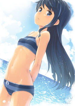 1girl alice_gear_aegis arms_behind_back beach bikini blue_eyes blue_hair blue_one-piece_swimsuit blue_sky breasts closed_mouth errant highres koashi_mutsumi long_hair looking_at_viewer navel ocean one-piece_swimsuit sky small_breasts striped_bikini striped_clothes swimsuit