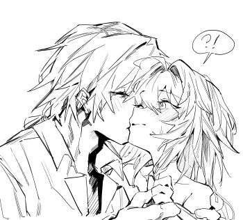 Rule 34 | !, !?, 1boy, 1girl, ?, absurdres, ahoge, arknights, bare shoulders, blush, closed mouth, commentary request, doctor (arknights), greyscale, hair between eyes, hair intakes, highres, kiss, kissing cheek, korean commentary, la pluma (arknights), male doctor (arknights), monochrome, one eye closed, simple background, sketch, spoken exclamation mark, spoken question mark, su reut, white background