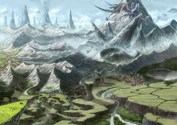 cloud cloudy_sky commentary_request day dragon nagi_itsuki original outdoors overcast people pixiv_fantasia pixiv_fantasia_new_world river scenery sky