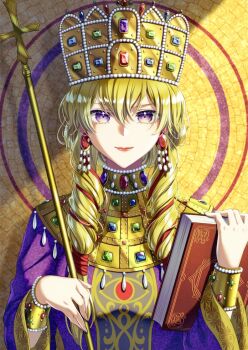 1girl alternate_costume alternate_hairstyle alto2019 blonde_hair book byzantine_clothes byzantine_empire closed_mouth commentary_request commission cross crown dress earrings empress eye_print gem gold greek_cross hairstyle_request high_collar holding holding_book holding_scepter jewelry lips looking_at_viewer mosaic_background ornate_clothes purple_dress purple_eyes scepter skeb_commission smile solo touhou yakumo_yukari