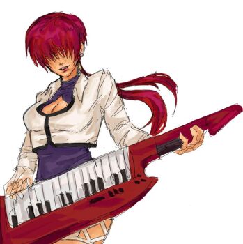 1girl breasts cleavage_cutout clothing_cutout curvy earrings female_focus instrument jacket jewelry large_breasts musician piano piano_keys ponytail red_hair rindomi3 shermie_(kof) skirt the_king_of_fighters thick_thighs thighs twintails wide_hips