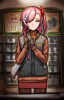 1girl alternate_costume artist_request chart closed_eyes convenience_store english_text female_focus gimbap girls'_frontline hair_ornament hexagram highres name_tag negev_(girls'_frontline) pantyhose pink_hair refrigerator sad_smile shop sleeveless sleeveless_jacket smile solo star_of_david sweater tears