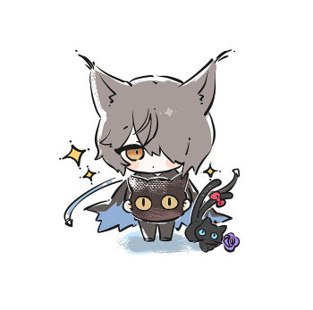1boy animal animal_ear_fluff animal_ears arknights black_cape black_cat black_pants blue_eyes bow brown_eyes brown_hair cape cat chibi flower hair_over_one_eye highres holding miss_christine_(arknights) myluche nekomata pants phantom_(arknights) purple_flower purple_rose red_bow rose shadow simple_background sparkle standing tail tail_bow tail_ornament tragodia_(arknights) white_background
