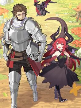 1boy 1girl armor armpits blush breastplate breasts brown_hair commentary dragon dragon_girl dragon_horns dragon_tail dress facial_hair falken_(yutozin) fang fantasy flower goatee greaves halter_dress halterneck happy helmet highres holding_hands horns knight long_hair looking_at_another looking_to_the_side looking_up small_dragon open_mouth original path pauldrons purple_eyes red_eyes red_hair road shoulder_armor size_difference small_breasts smile sword tail walking weapon