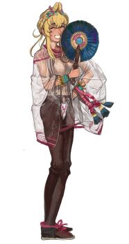 1girl absurdres blonde_hair breasts covered_erect_nipples hand_fan highres holding holding_fan leggings looking_at_viewer mossacannibalis nipples original see-through_clothes sheer smile standing tassel