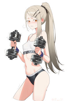 1girl absurdres bare_arms bare_shoulders black_sports_panties blonde_hair blush breasts covered_erect_nipples double_dumbbell_pose_(han-0v0) dumbbell earrings exercising facing_to_the_side gakuen_idolmaster hair_ornament hair_scrunchie hairclip heavy_breathing high_ponytail highres holding holding_dumbbell idolmaster jewelry long_hair looking_at_viewer navel orange_eyes ponytail ribs scrunchie shinosawa_hiro small_breasts solo sports_bra sportswear stomach sweat sweatdrop thighs trembling very_long_hair weightlifting white_sports_bra wrist_cuffs yizi_(yizi_official)