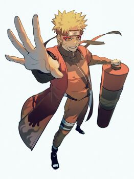 1boy commentary eyeliner fang forehead_protector from_above highres horizontal_pupils jumpsuit konohagakure_symbol looking_at_viewer makeup male_focus momoyoru1 naruto_(series) orange_jumpsuit red_eyeliner scroll_tube sennin_mode short_hair simple_background smile solo standing teeth uzumaki_naruto white_background zipper