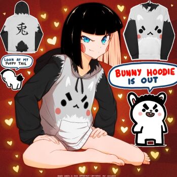 1boy 1girl animal_ears artist_self-insert barefoot black_hair black_hoodie blue_eyes blunt_bangs blunt_ends blush_stickers bob_cut brown_background chloe_(srgrafo) closed_mouth colored_inner_hair feet fingernails full_body heart hood hood_down hoodie looking_at_viewer multicolored_hair multiple_views open_mouth orange_hair original rabbit_ears short_hair sitting smirk srgrafo teeth toenails two-tone_hair two-tone_hoodie upper_teeth_only v-shaped_eyebrows white_hoodie