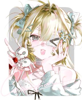 1girl bandaged_neck bandages blonde_hair blue_bow blue_eyes border bow commission eyelashes eyepatch fang fingernails hair_between_eyes hair_bow hair_intakes hair_ornament hairclip highres impaled long_hair long_sleeves looking_at_viewer medical_eyepatch mihuashi_commission one_eye_covered open_mouth original outside_border sidelocks solo stuffed_toy two_side_up upper_body watermark white_border yingzi_bing