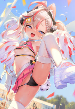 1girl ahoge animal_ear_fluff animal_ears armpits arms_up ass black_panties blue_eyes blush braid breasts cameltoe cheerleader confetti crop_top fang heart heart_in_eye henreader highres leg_lift leg_up legs long_hair looking_at_viewer microskirt multicolored_hair naughty_face navel open_mouth original outdoors panties pink_shirt pink_skirt pleated_skirt pom_pom_(cheerleading) rabbit_ears rabbit_girl rabbit_tail red_hair shirt shoes skirt sleeveless sleeveless_shirt small_breasts smile solo spread_legs standing standing_on_one_leg stomach streaked_hair symbol_in_eye tail thighhighs thighs twintails two-tone_hair underboob underwear white_hair white_shoes white_thighhighs